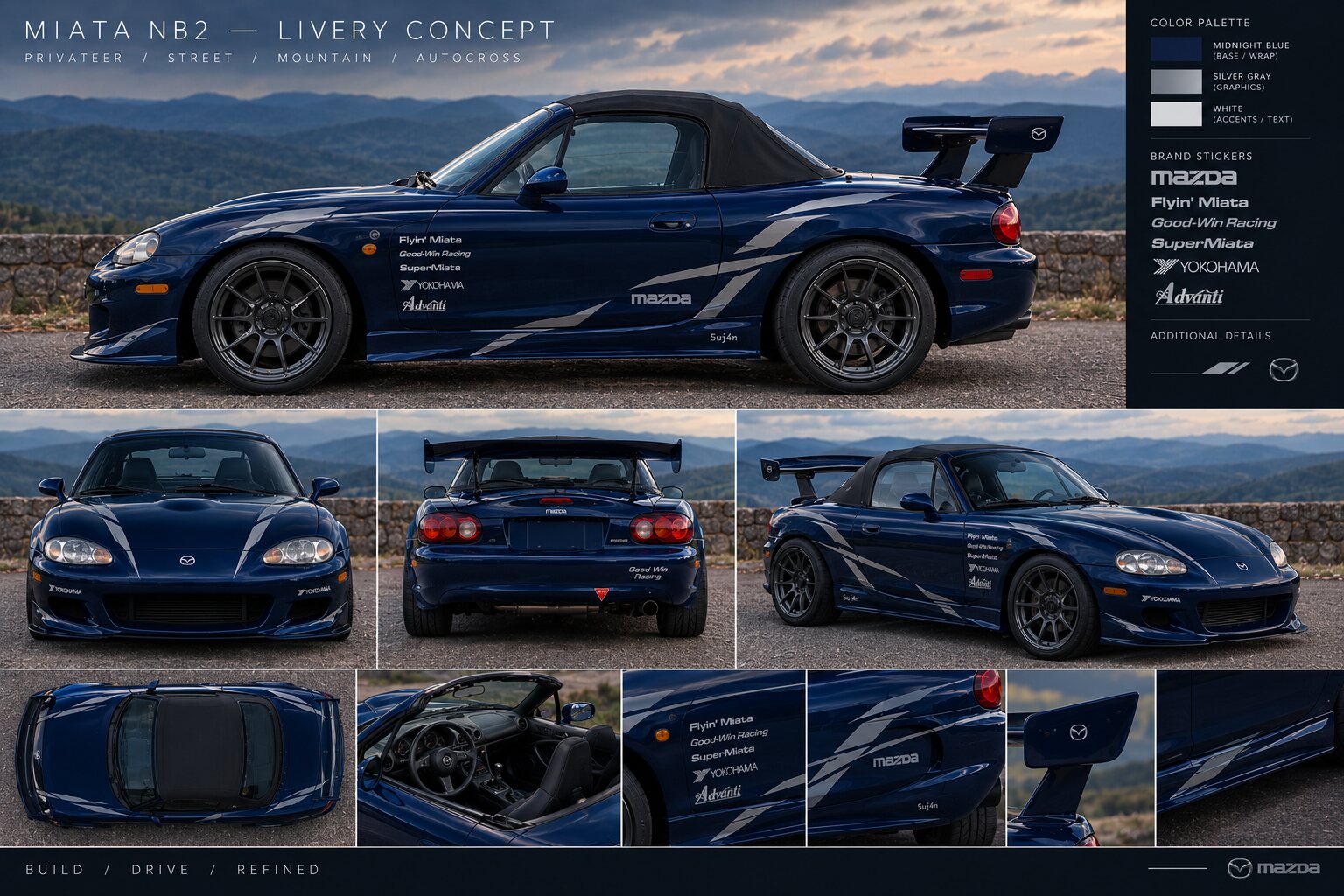 AI generated livery concept: a contact sheet of renders showing an NB Miata in midnight blue with a rear wing and a graphic livery.